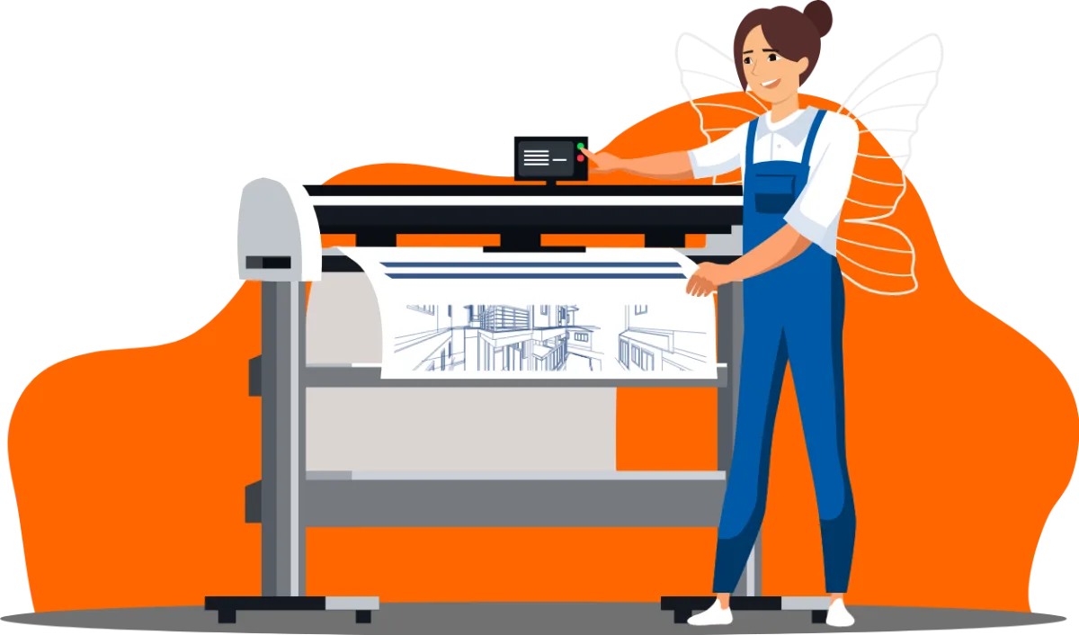 Die Plotfee druckt einen großformatigen Plan am Plotter